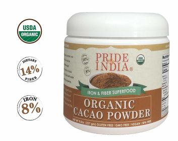 Pride Of India - Organic Cacao Powder (From premium Criollo Beans) - Iron & Fiber Rich Superfood - 8oz (227gm) Jar